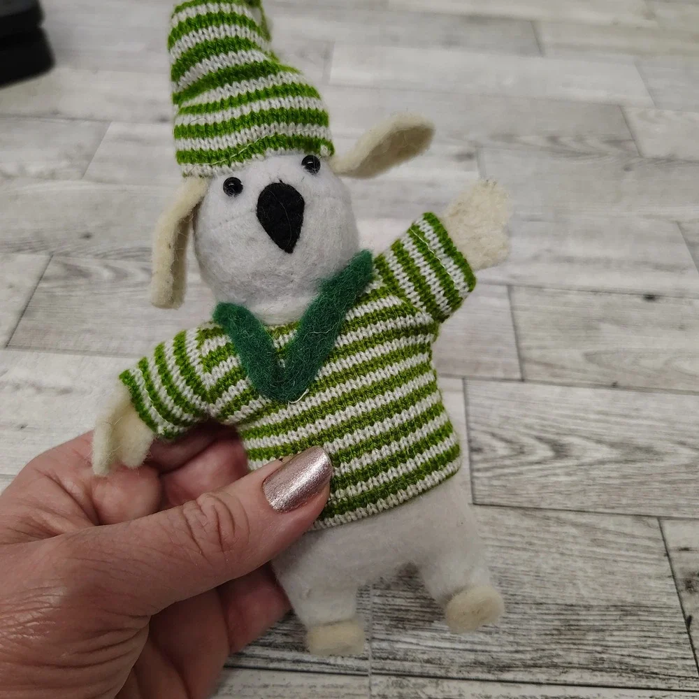 Dog Christmas Ornament‎ Green Striped Sweater Hat Holiday Decor Cute Puppy